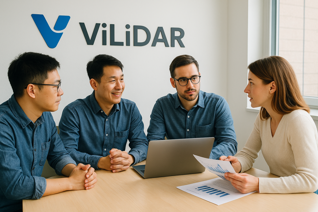 A high-resolution photograph captures three professionals from the Vi LiDAR team in discussion, engaged in collaborative work on advanced LiDAR technology and solutions.