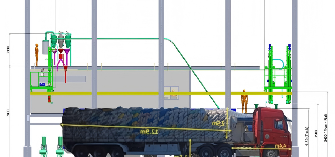 A grain-loaded truck undergoing automated sampling by Vi LiDAR’s 3D vision system, with real-time data displayed.