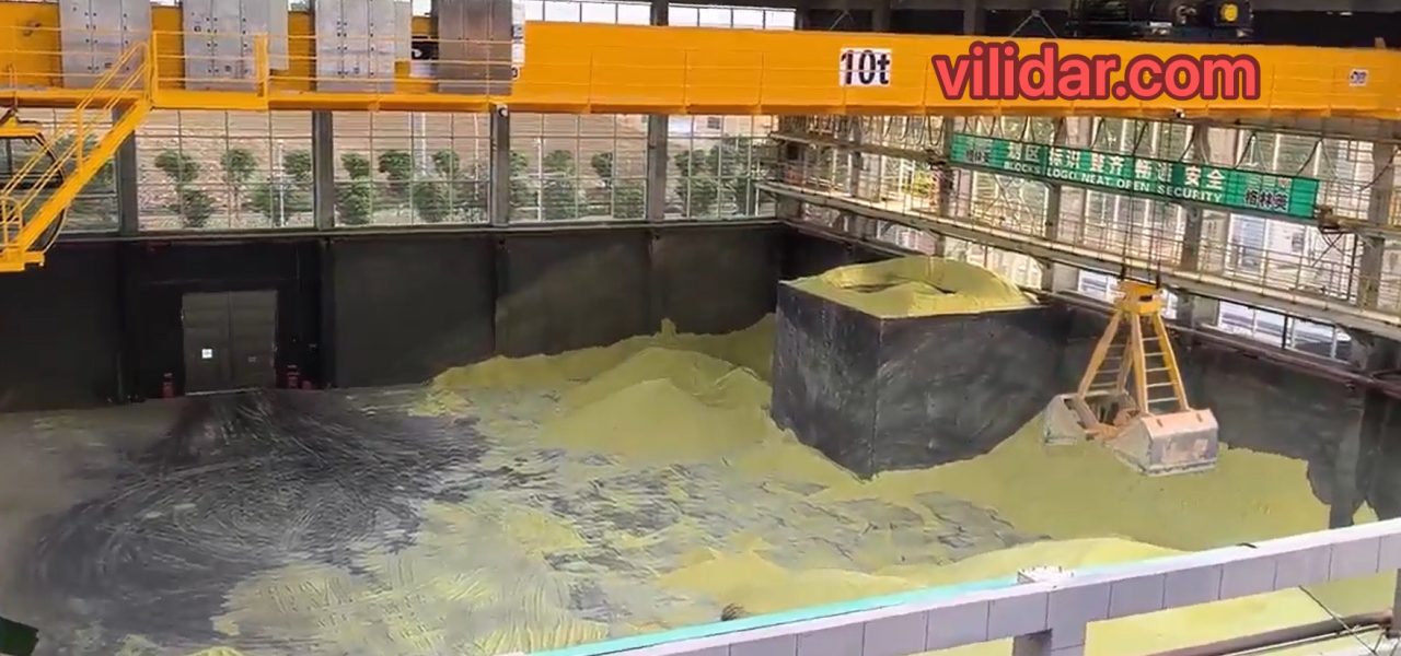 LiDAR crane automation sulfur, Volume Solution , Position System, 10t unmanned crane, sulfur warehouse, 3D point cloud scanning, non-contact material handling, industrial safety automation, bulk material storage optimization, laser radar volume measurement, chemical warehousing solutions, LiDAR sensor , LiDAR scanner , industry 4.0